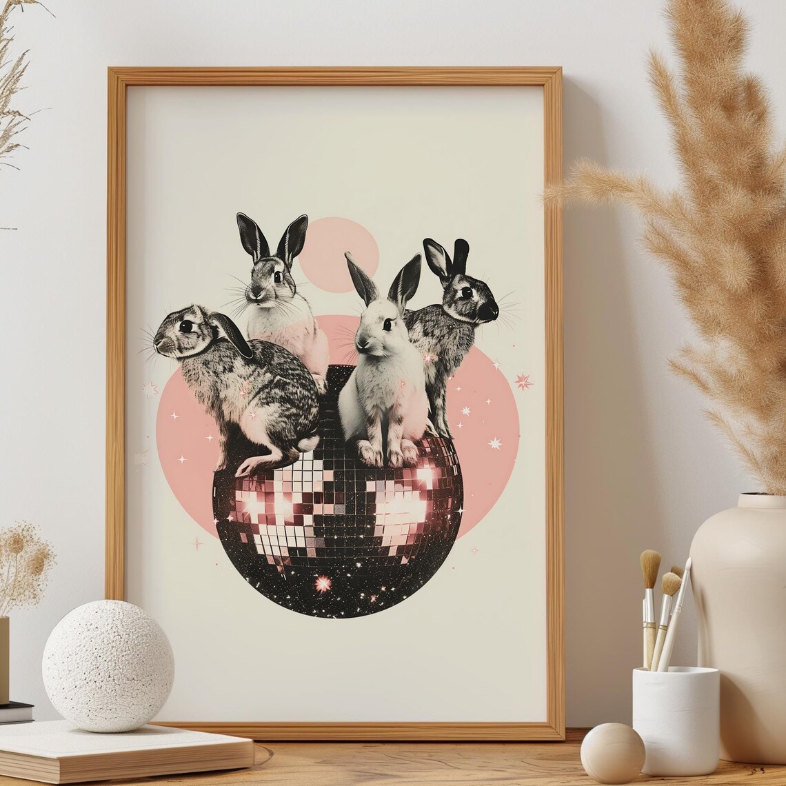 Rabbits Playing on a Glittering Pink Disco Ball Collage Art Poster