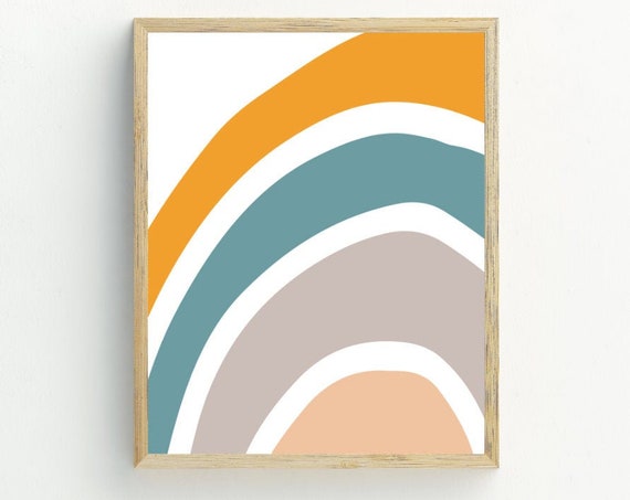 Abstract Wall Art Boho Rainbow Wall Decor Geometric Art Nursery Wall Art Blue Grey Yellow Peach 5x7 8x10 11x14 16x20