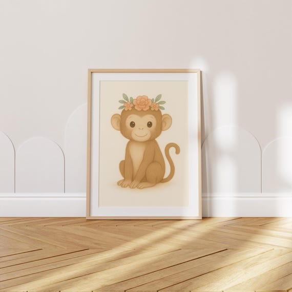 Monkey Nursery Print Jungle Animal Poster Baby Wall Art Decor With Floral Crown Posters