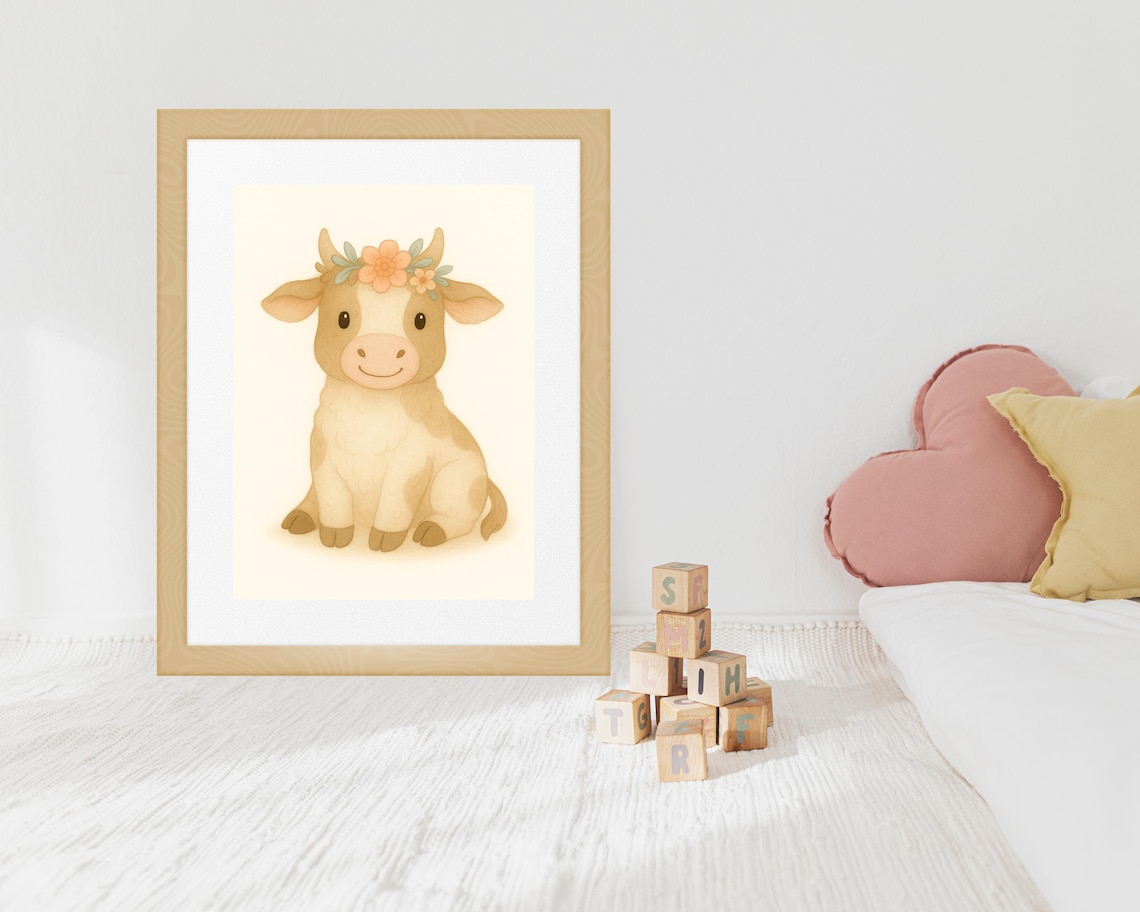 Farmhouse Cow Nursery Art Print, Floral Crown