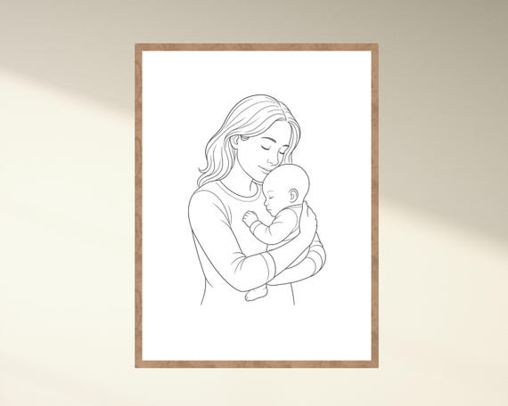 Mother's Day Minimalist Line Art, Mom Holding Baby