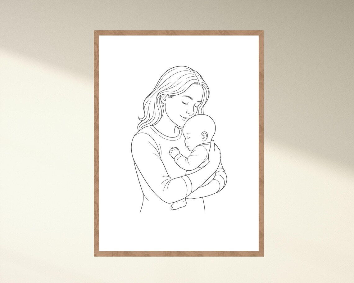 Mother's Day Minimalist Line Art, Mom Holding Baby