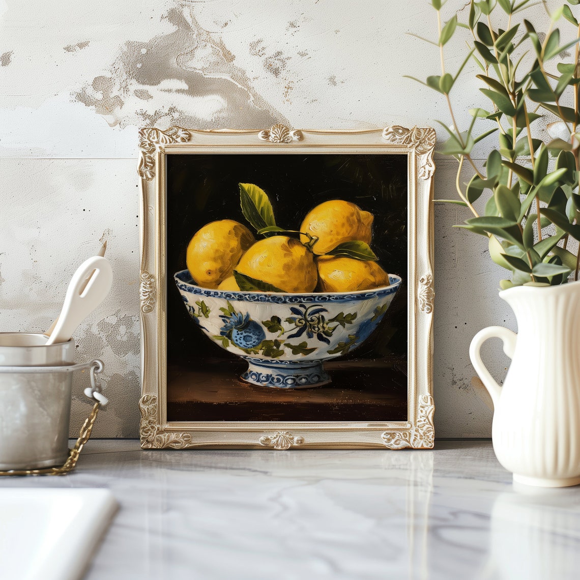 Italian Lemon Bowl Still Life Art Print, Kitchen Wall Art