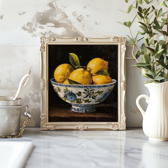 Italian Lemon Bowl Still Life Art Print, Kitchen Wall Art