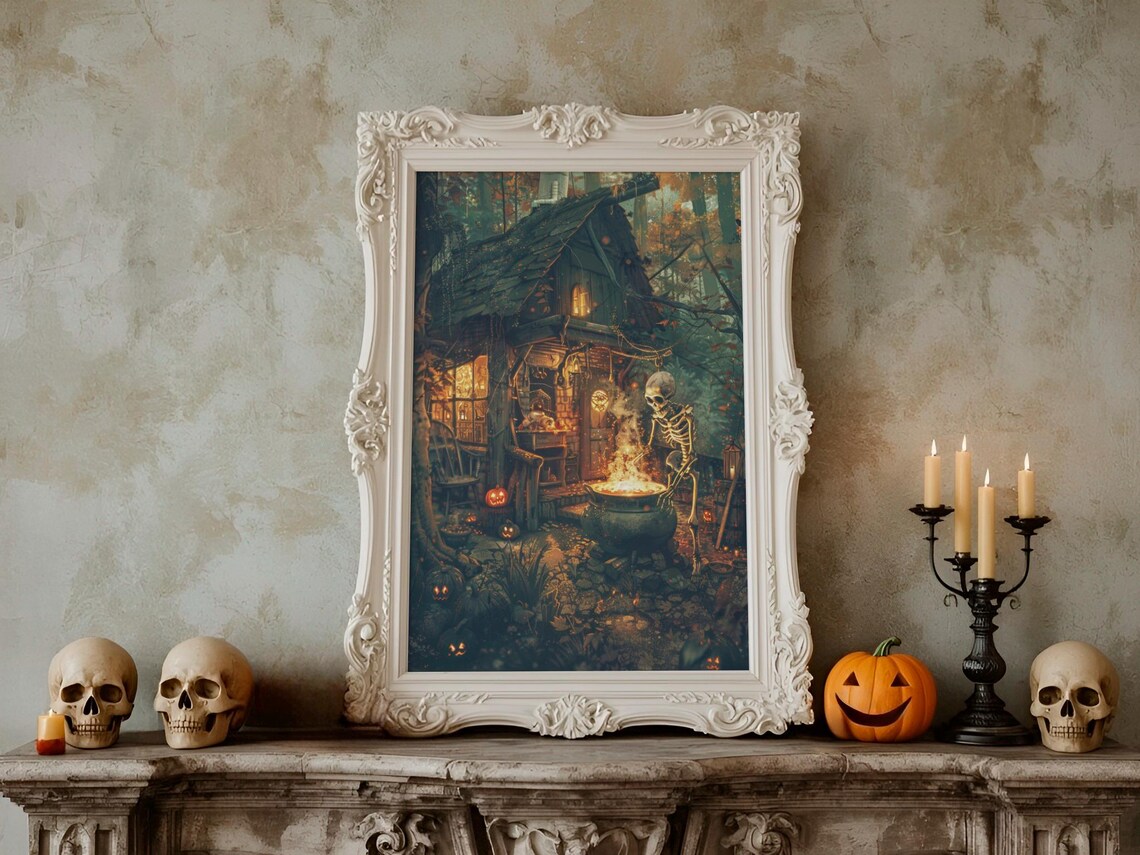 Skeleton Brewing Potion At Haunted Cottage Art Print Whimsical Halloween Night Scene Magical Spooky Autumn Wall Decor