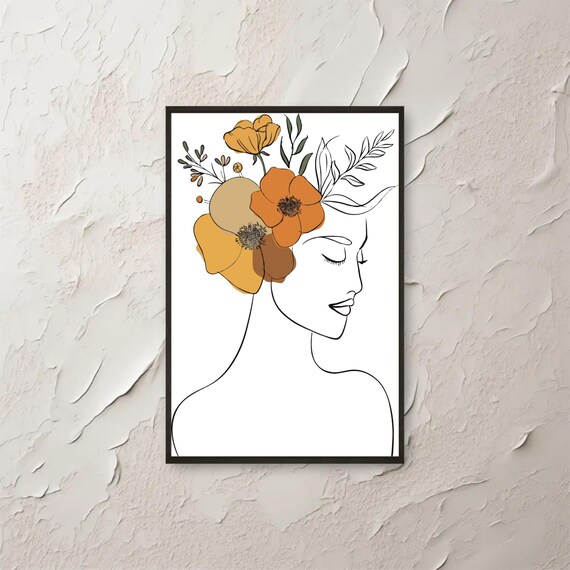 Minimalist Woman Line Art Golden Flower Crown Boho Face Poster