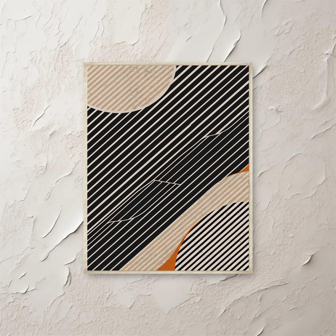 Modern Geometric Wall Art Print Diagonal Striped Abstract Poster Minimalist Black Beige Orange Decor Contemporary Artwork