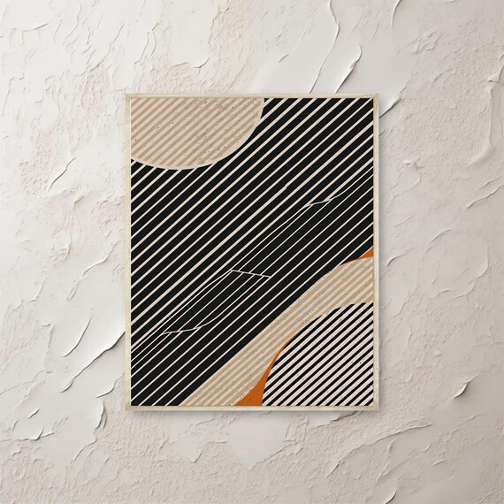 Modern Geometric Wall Art Print Diagonal Striped Abstract Poster Minimalist Black Beige Orange Decor Contemporary Artwork