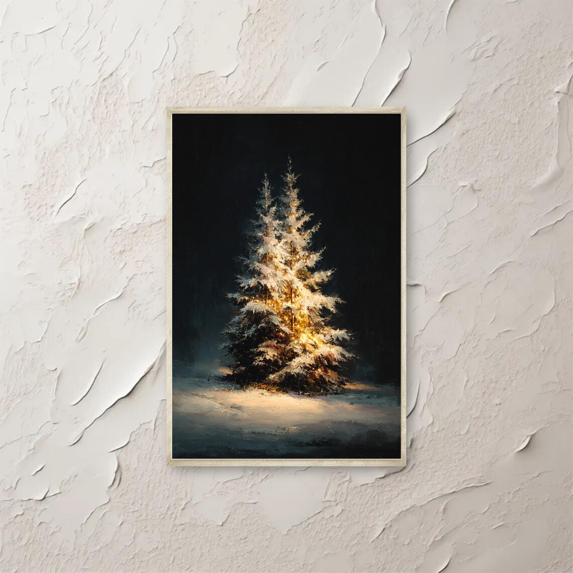 Glowing Christmas Tree Standing In Snowy Night Winter Wall Art