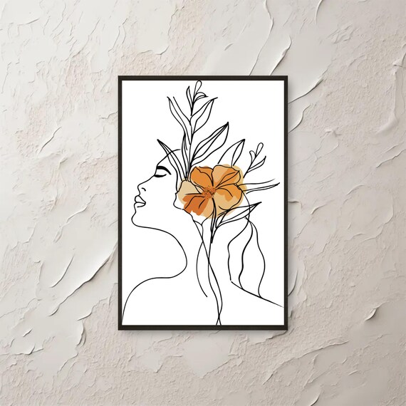 Minimalist Line Art Woman Wall Abstract Boho Floral Botanical Face Poster Modern Drawing Print Instant Png File
