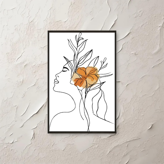 Minimalist Woman Line Art Single Orange Flower Portrait Poster