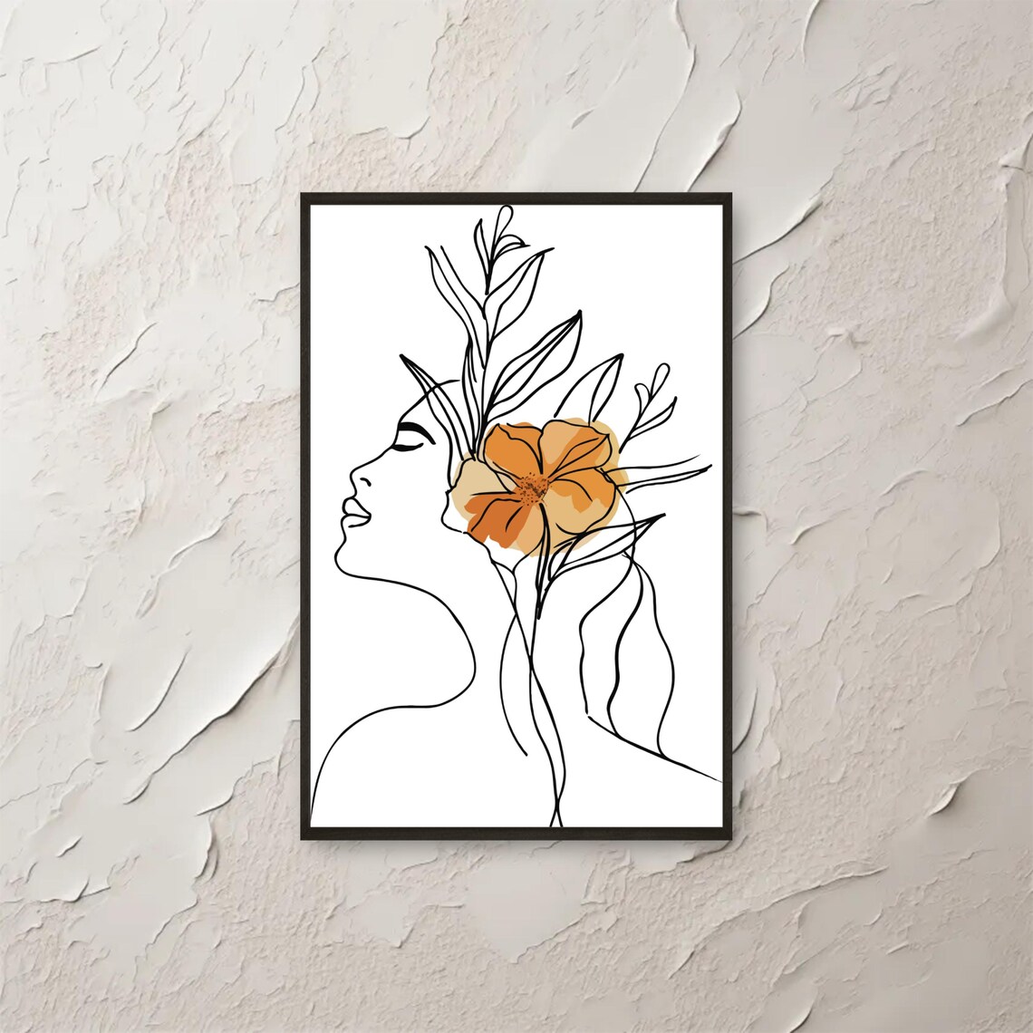 Minimalist Woman Line Art Single Orange Flower Portrait Poster