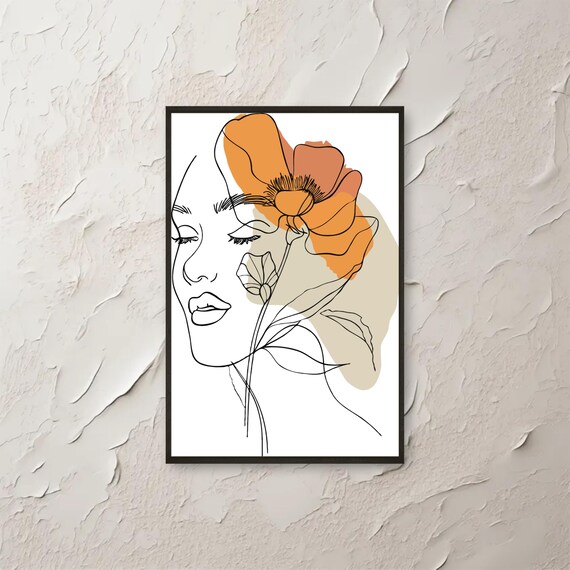 Abstract Line Art Woman Wall Minimalist Boho Floral Botanical Face Print Modern Drawing Poster Instant Png File
