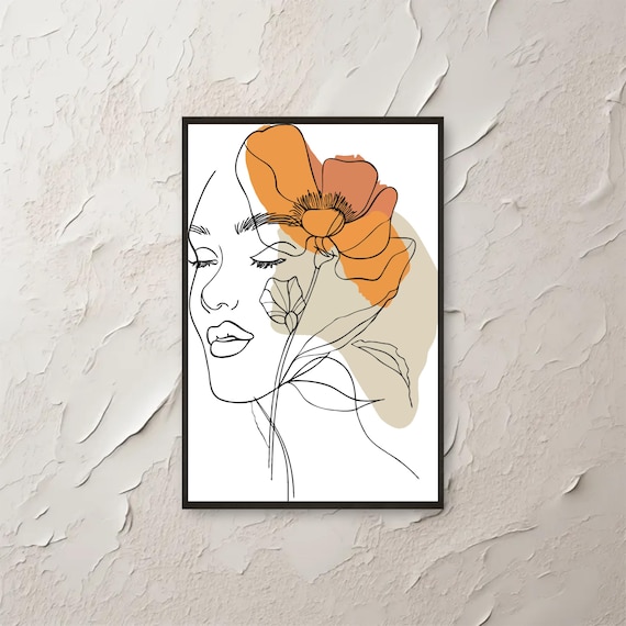 Minimalist Line Art Woman Profile With a Large Orange Poppy Poster