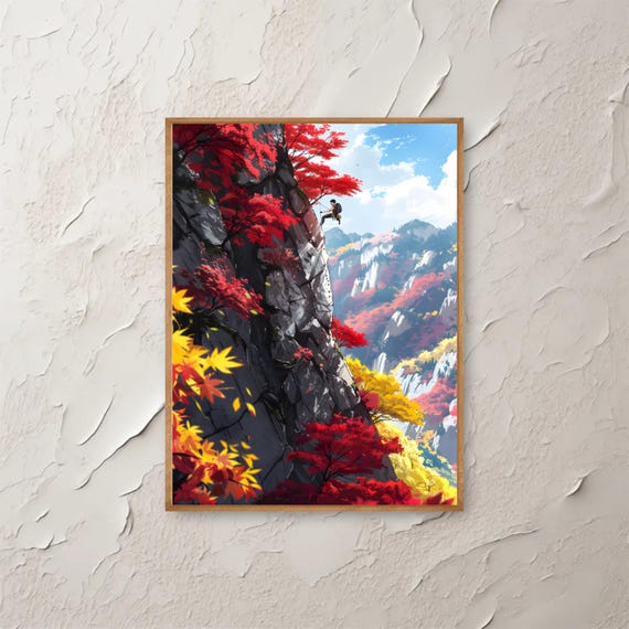 Autumn Mountain Climber Wall Art Scenic Landscape Painting Red And Yellow Forest Print Adventure Nature Poster Instant