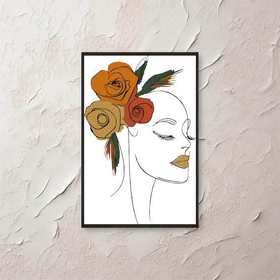 Line Art Woman With Gold Lips and Burnt Orange Roses Boho Poster