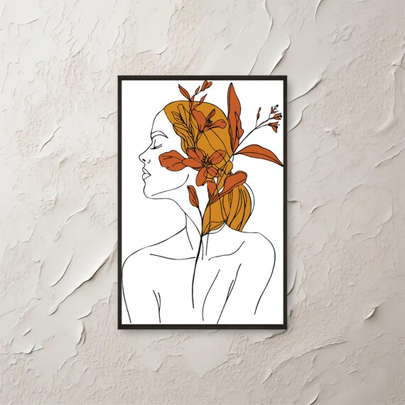 Abstract Boho Woman Line Art Wall Minimalist Floral Botanical Face Poster Modern Drawing Print Instant Png File