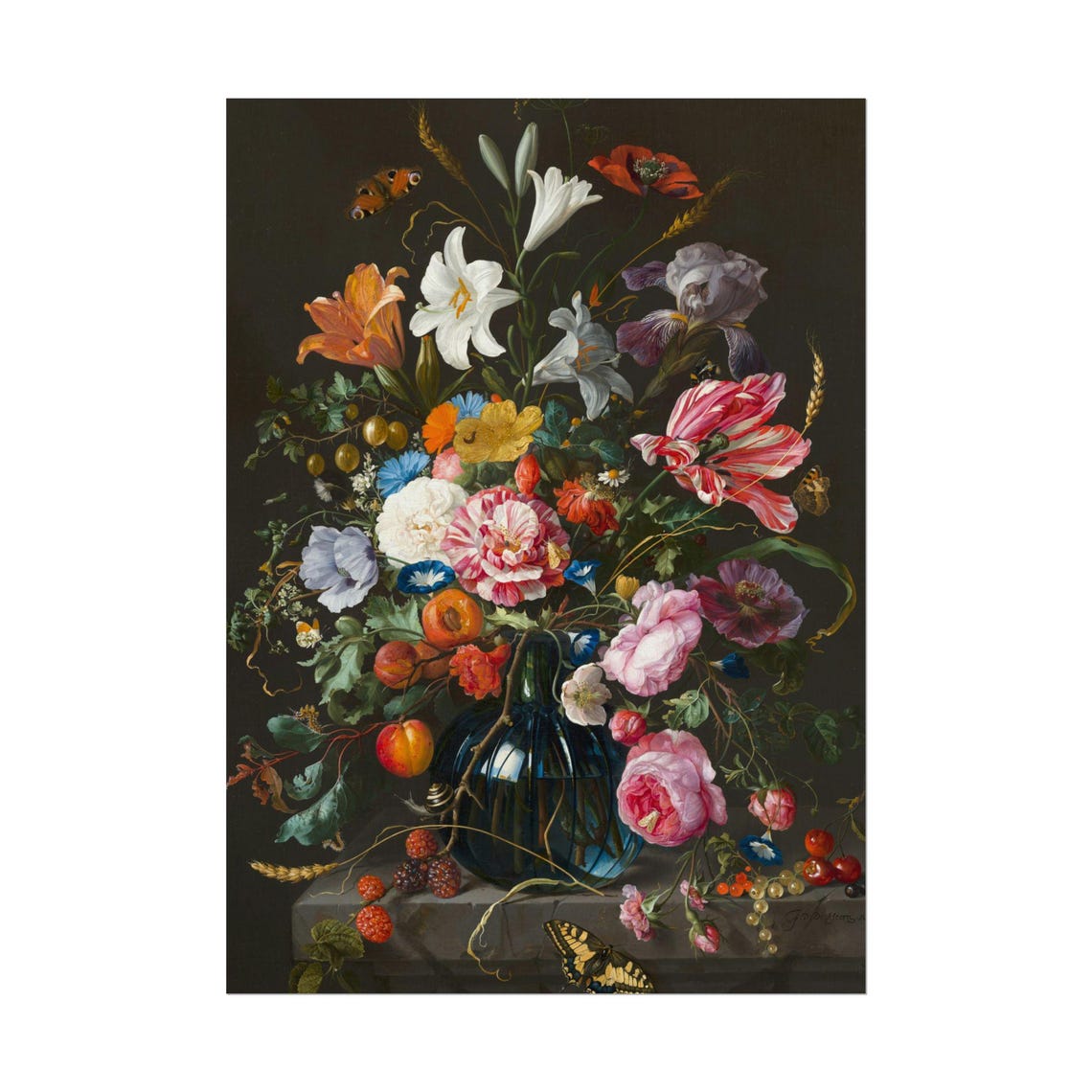 Jan van Huysum Style Bouquet in Blue Glass Vase Floral Art Poster