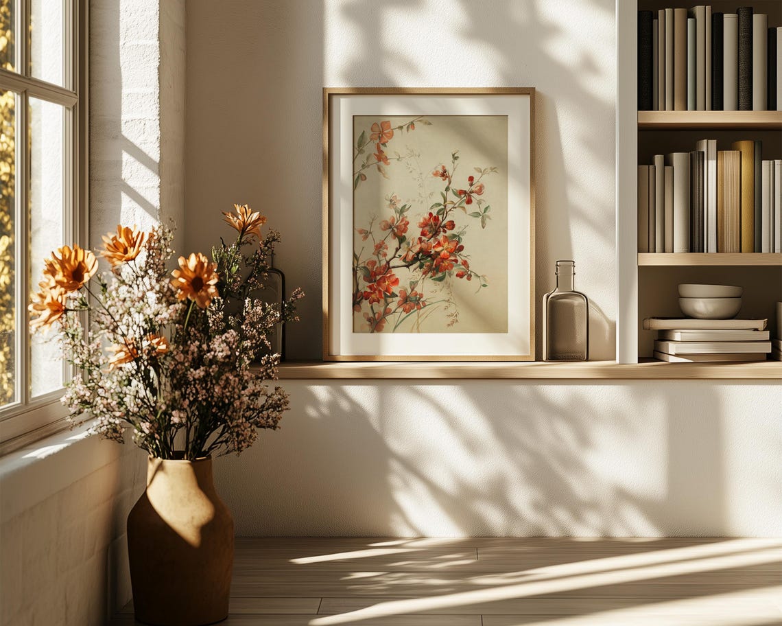 Red Quince Blossom Branch in Antique Botanical Illustration Poster - Image 6