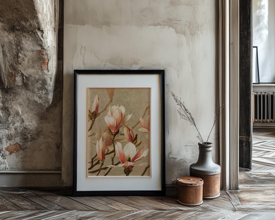 Vintage Magnolia Branch Blush White Blossoms Taupe Ground Poster - Image 3