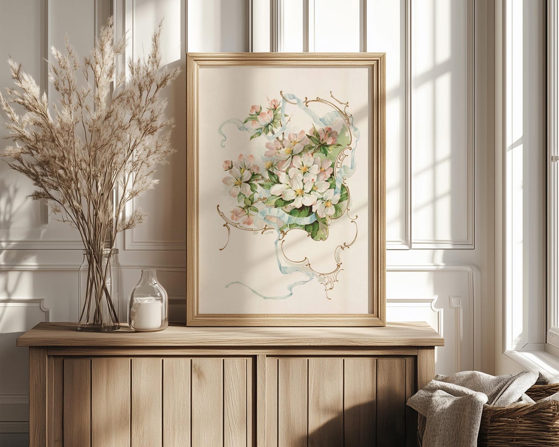 White Cherry Blossoms with Pale Blue Ribbon Botanical Art Poster - Image 4