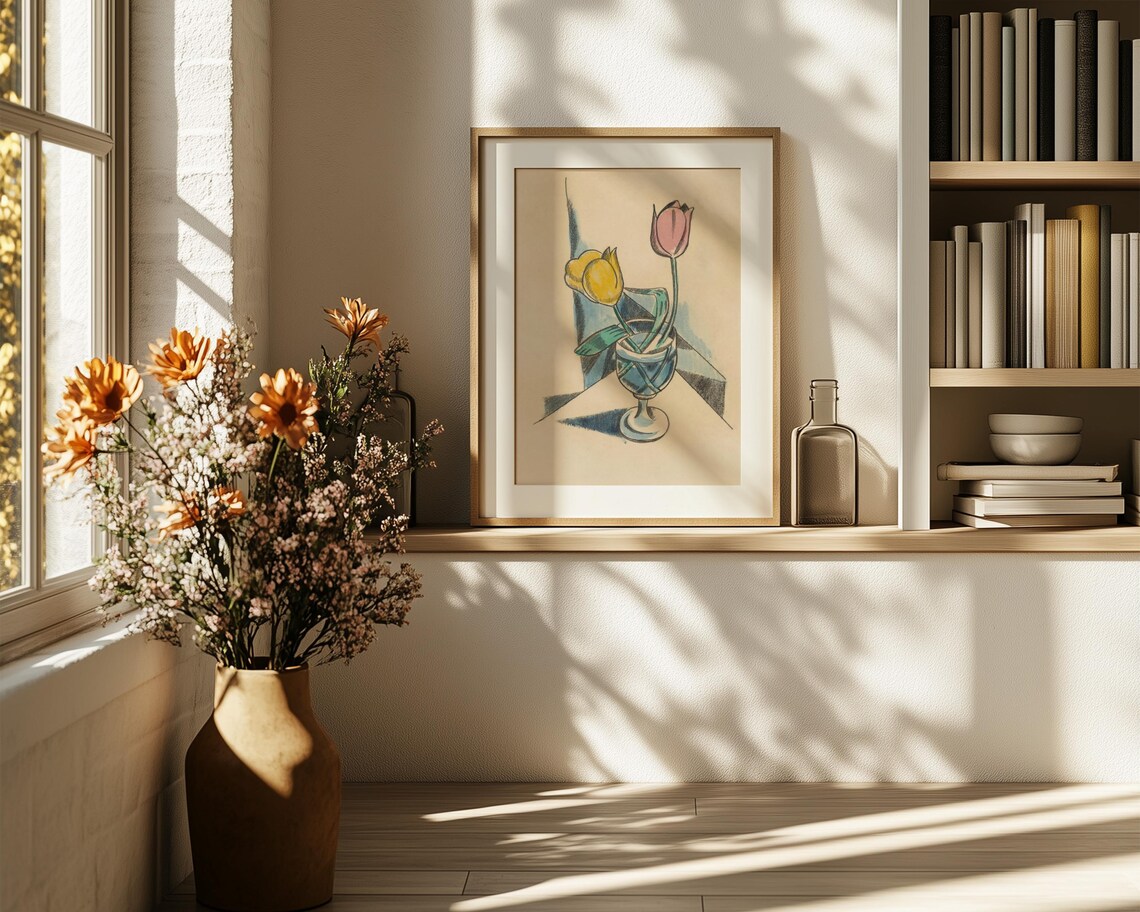 Yellow And Pink Tulips In A Glass Vase Cubist Style Art Print - Image 6