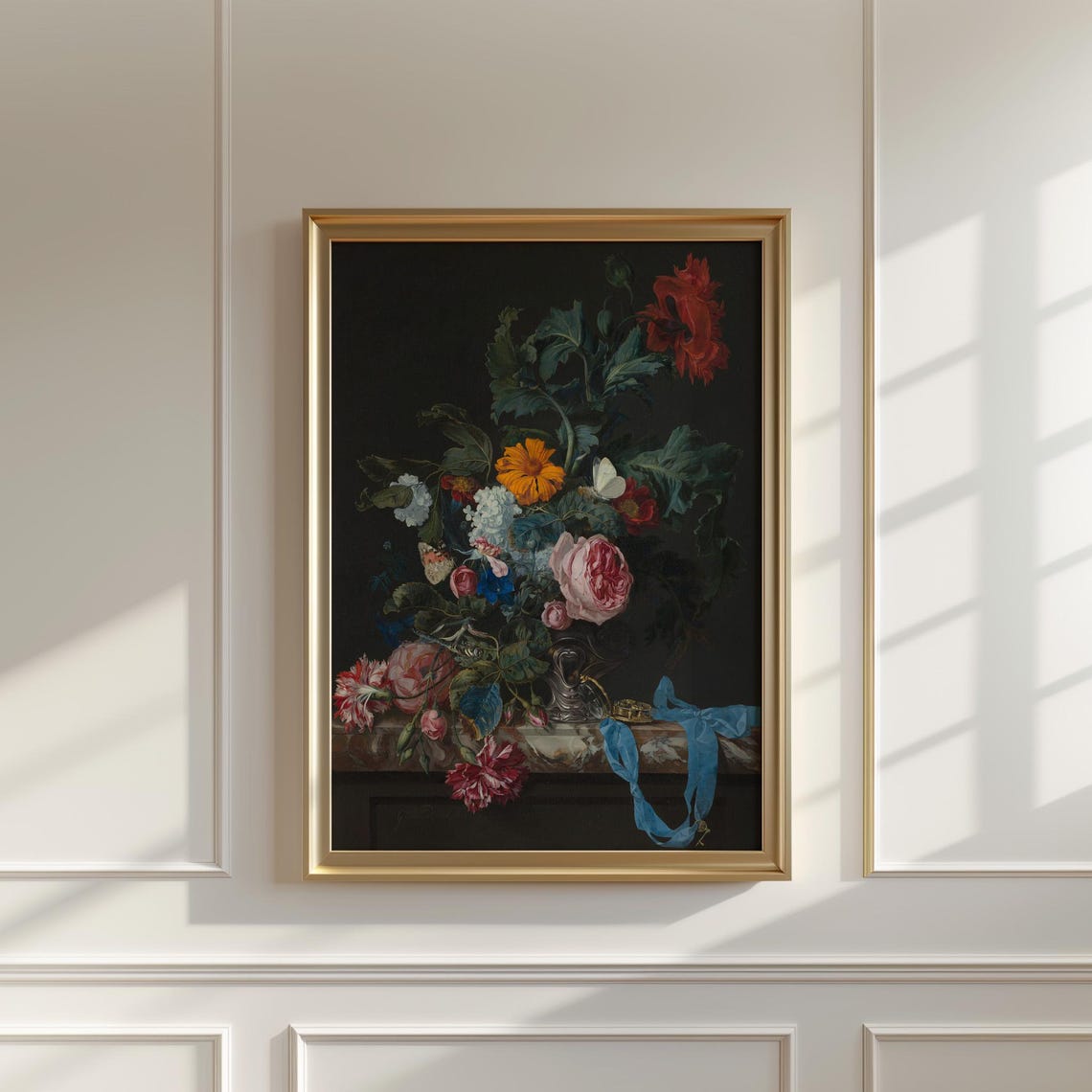 Moody Mixed Bouquet with Blue Ribbon in Dark Classic Still Life Poster - Image 5