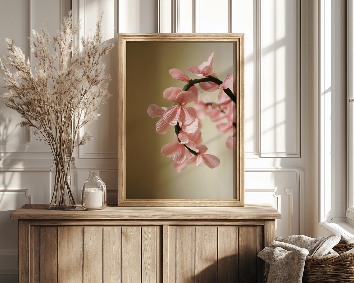 Pink Cherry Blossom Branch Moody Floral Photography Wall Print - Image 4