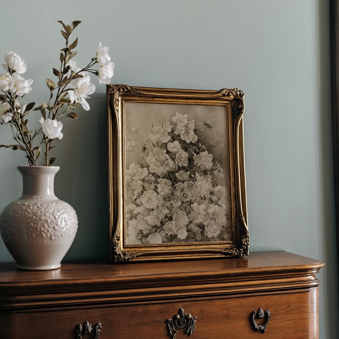 Sepia Peony Blossom Bouquet in Vintage Romantic Still Life Poster - Image 2