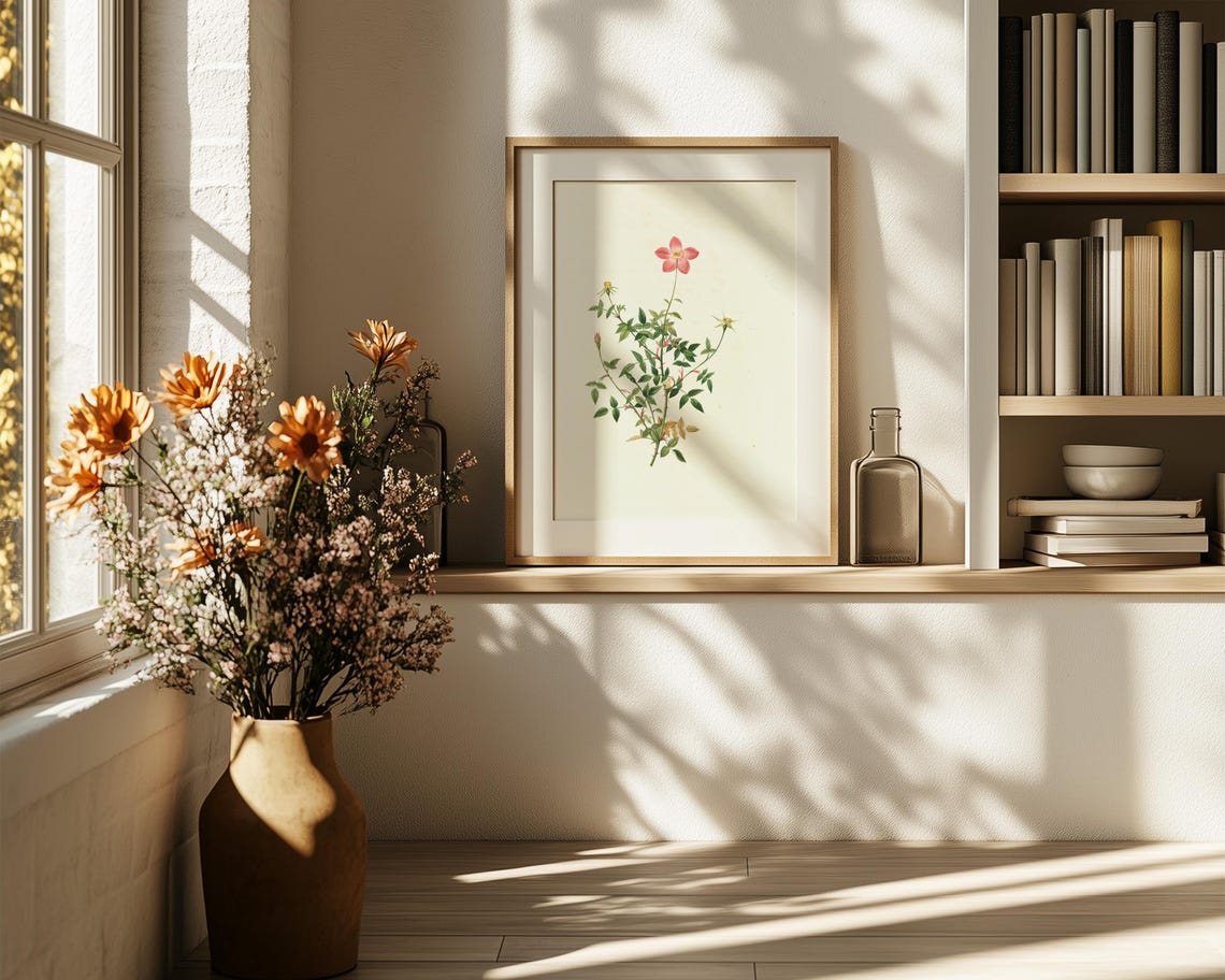 Single Pink Wild Rose On A Delicate Slender Stem Botanical Print - Image 6