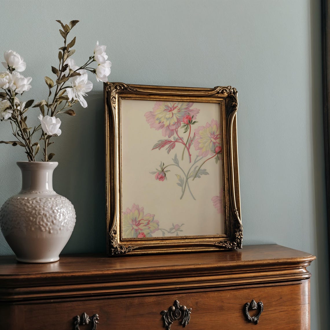 Pink Peony Blossom Wallpaper Style Floral Art in Vintage Decor Poster - Image 2