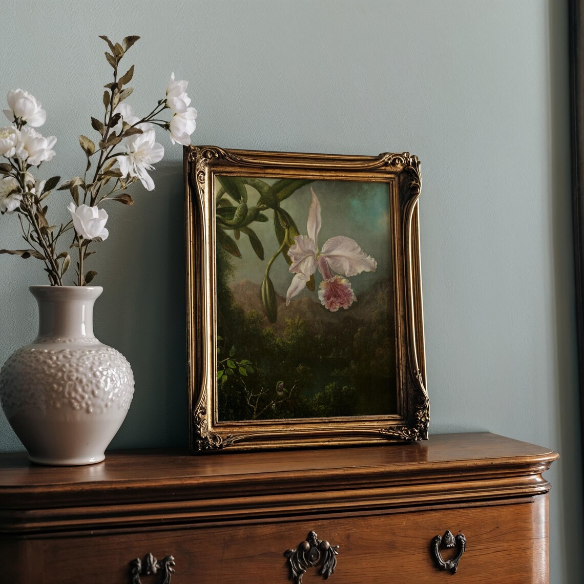 White Orchid Over A Dark Tropical Valley Oil Painting Style Print - Image 2