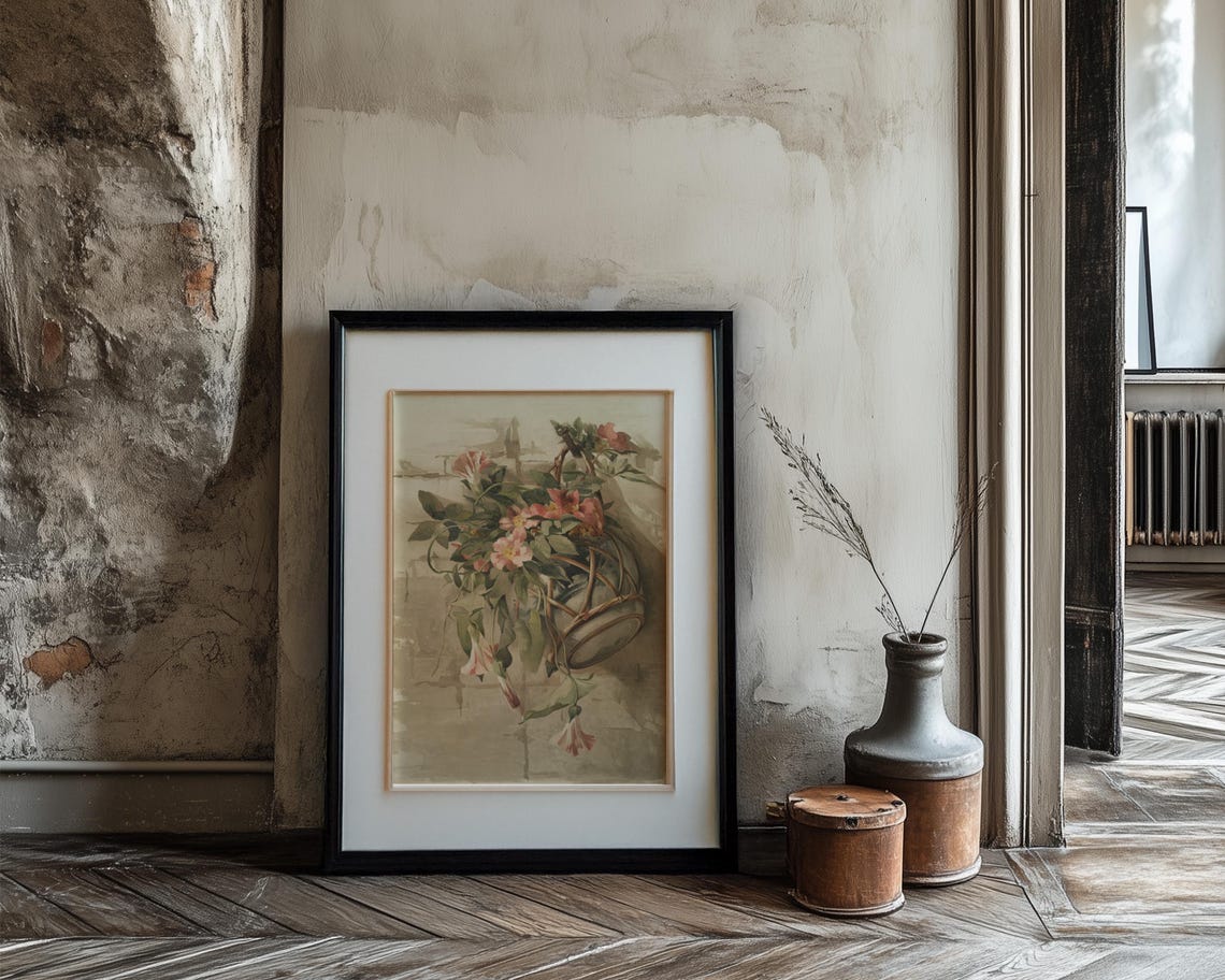 Pink Trumpet Blossoms Spilling from Woven Basket Still Life Poster - Image 3