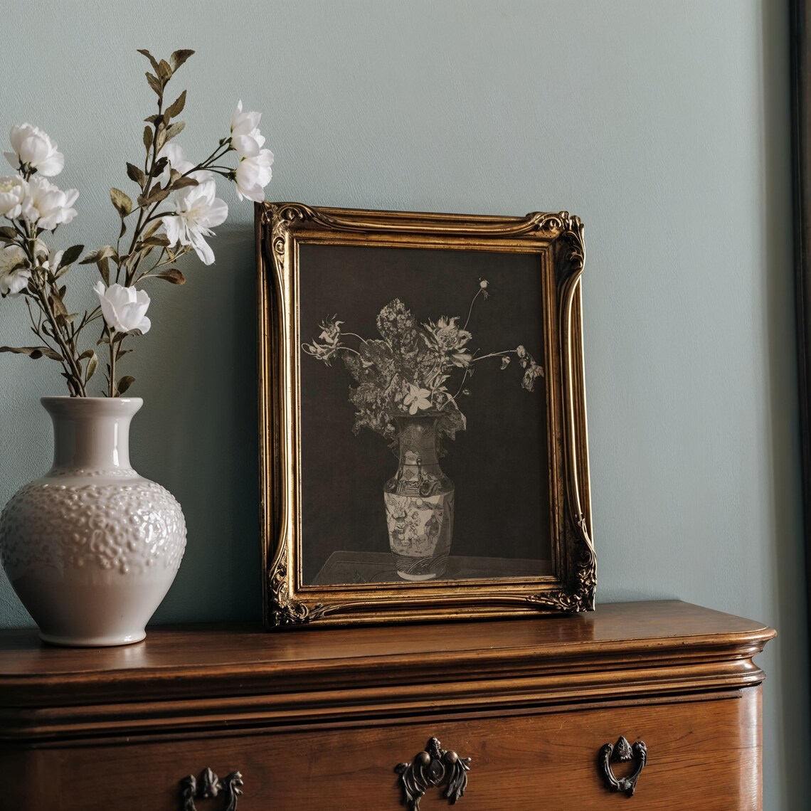Monochrome Floral Still Life Chinese Vase Dark Background Poster - Image 2