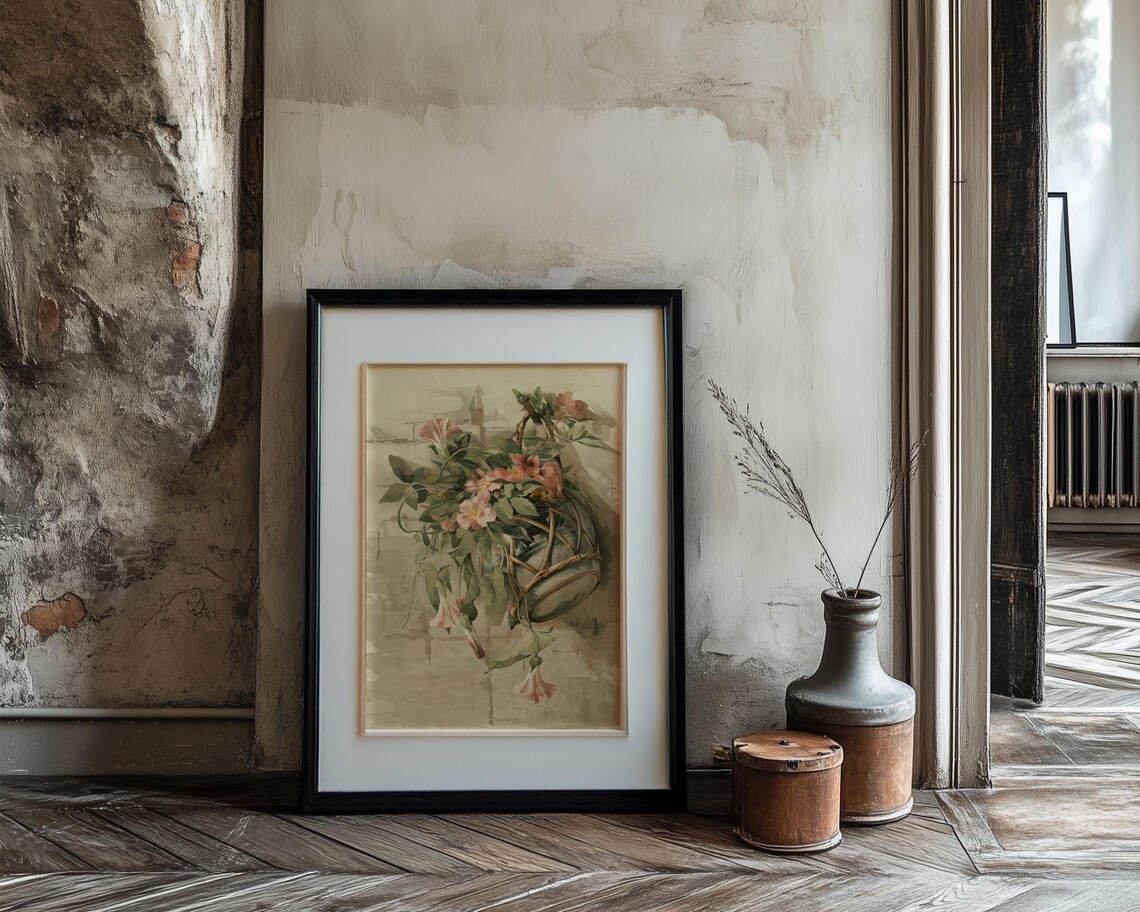 Hanging Basket of Pink Flowers in Soft Watercolor Garden Art Poster - Image 3