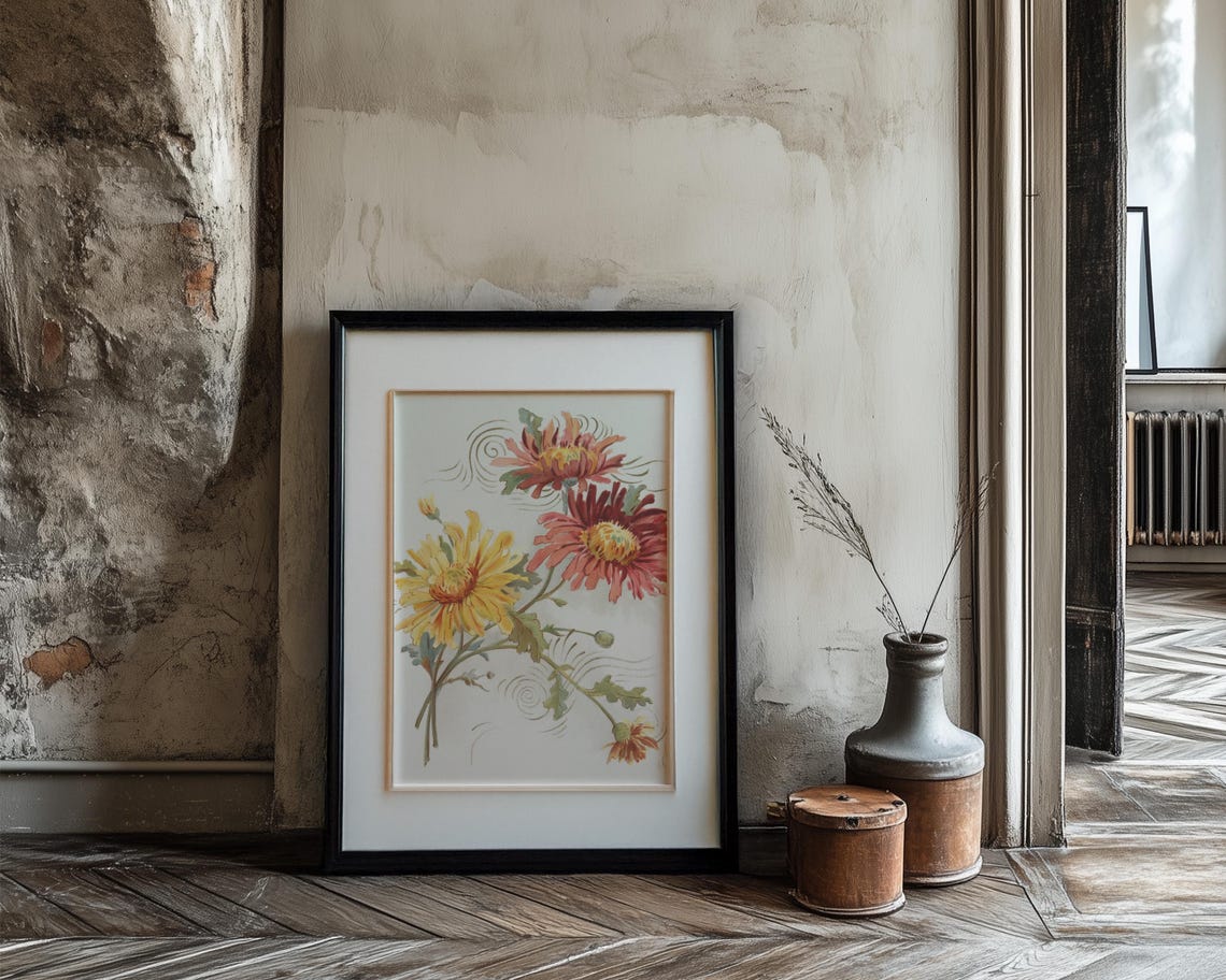 Pink Red And Yellow Chrysanthemum Botanical Framed Decor Print - Image 3