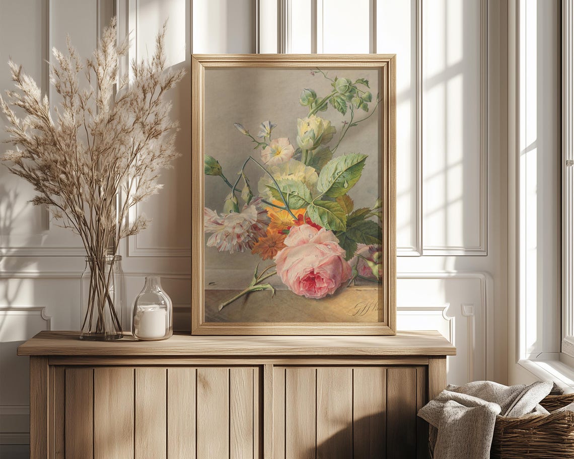 Delicate Pink Rose and Carnation Bouquet Vintage Botanical Poster - Image 4