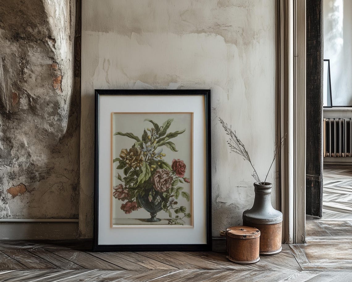 Classical Hand Colored Floral Engraving Roses Urn Vase Antique Poster - Image 3