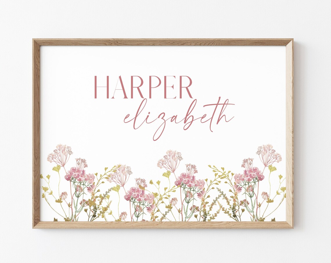 Girl Flowers Nursery Name Sign Art Print