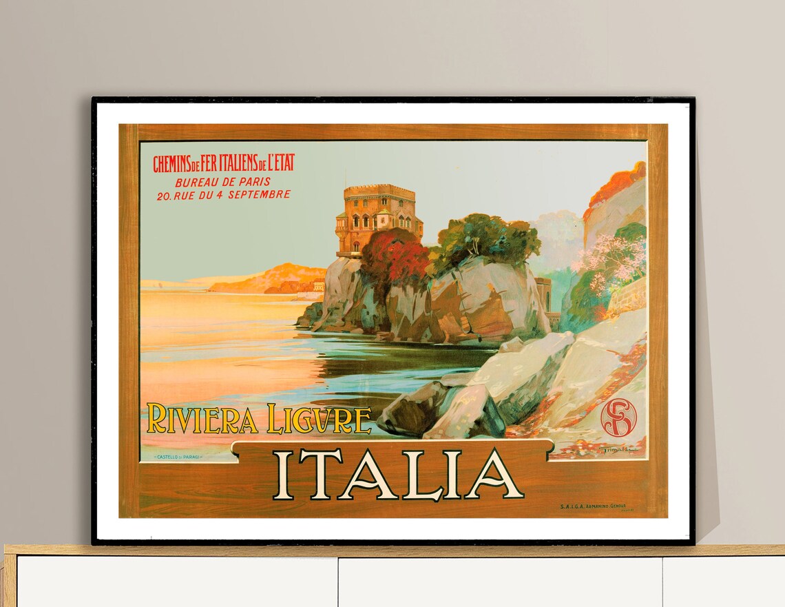 Riviera Ligure Italia Castello di Paraggi Vintage Travel Poster - Image 2