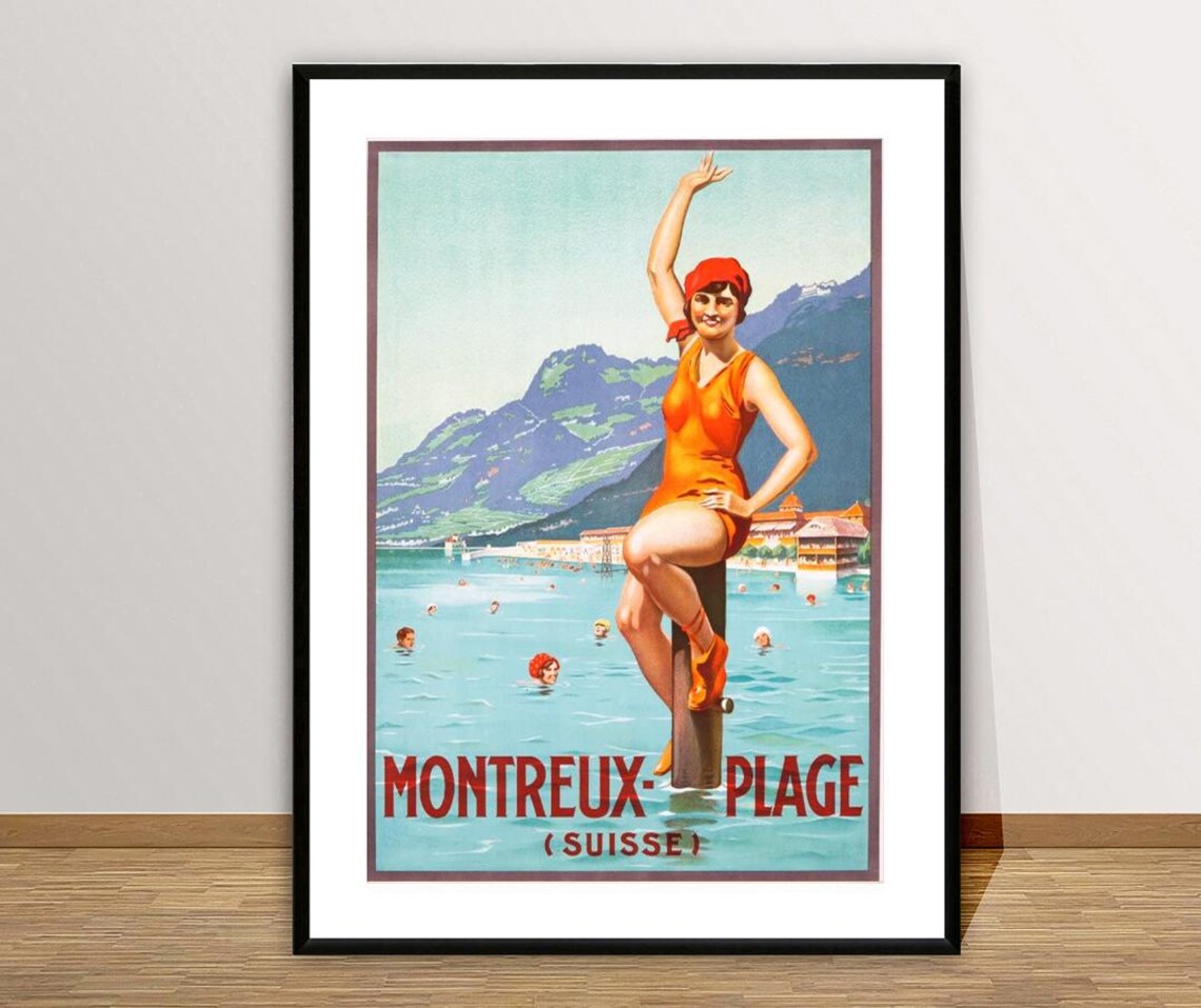 Montreux Plage Suisse Lake Swimmer Diving Vintage Swiss Travel Poster - Image 2