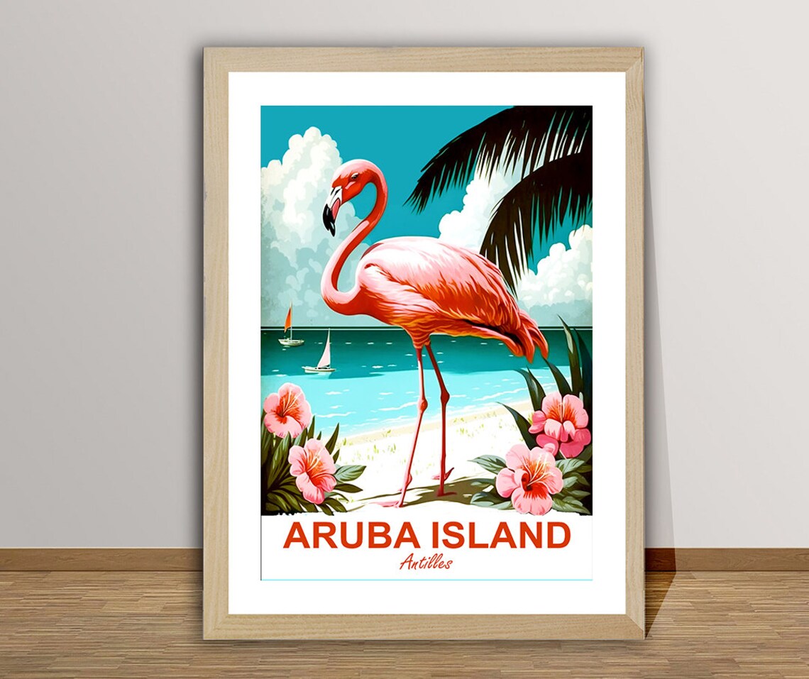Aruba Island Flamingo Beach Hibiscus Vintage Caribbean Travel Poster