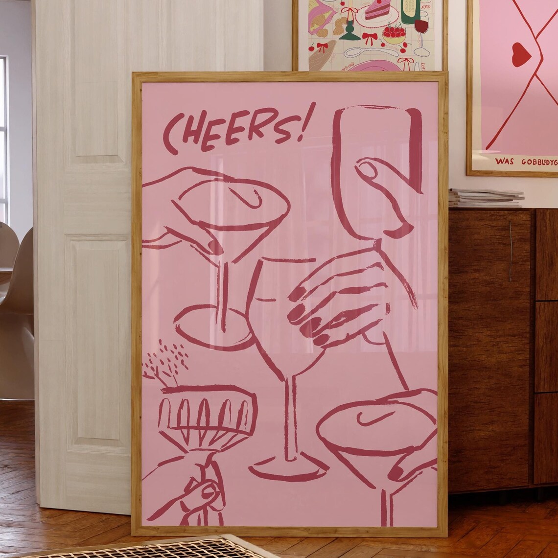 A Hand Drawn Rose Cheers Cocktail Toast On Pink Party Poster