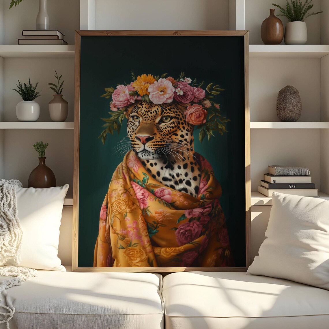 Emerald Green Cheetah Print Glam Vintage Floral Wall Art