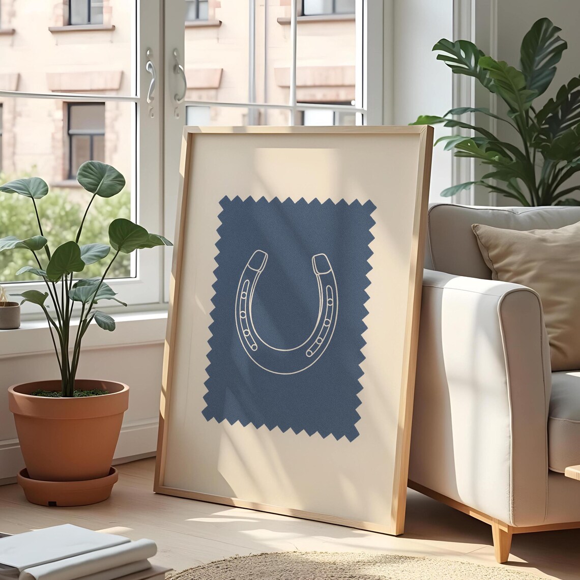 Lucky Horseshoe White Line Art Navy Blue Minimalist Stamp Poster