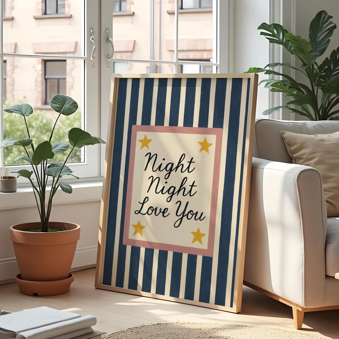 Night Love You Nursery Decor Poster, Navy Stripe