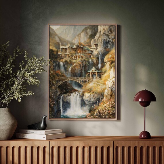 Rivendell Elven Palace Waterfall Bridge Fantasy Landscape Art Poster