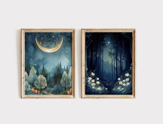 Starry Sky And Crescent Moon Over Magical Forest Water Color Paintings Perfect Enchanting Art For Kids Room Or Nursery
