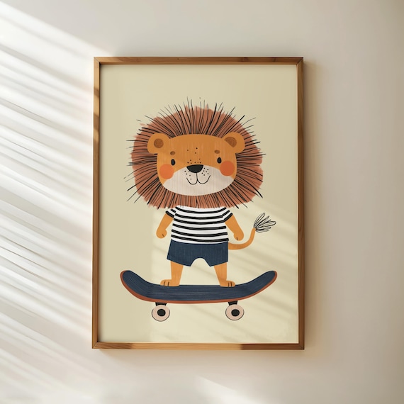 Cute Lion On Skateboard Striped Tee Playful Nursery Kids Wall Art