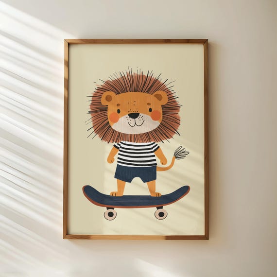 Skateboarding Lion Nursery Wall Art Gender Neutral Playroom Decor Animal Toddler Room Poster Childrens